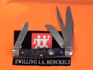 J A Henckels 4 Blade Stockman with Beautiful Dark Blue Pick Bone Handles - NOS NM/M -Nice One!