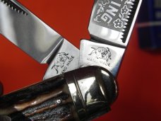 3rd Gen Bulldog "Cattle King" 4" Stockman Knife w/ Great Stag Handles & Frost Blade Etch 3rd Gen Bulldog "Cattle King" 4" Stockman Knife w/ Great Stag Handles & Frost Blade Etch