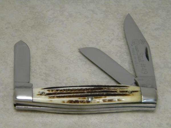 Queen Steel #49 Winterbottom Bone Large Stockman Knife - No Tang Stamp - Etched - 1960's Queen Steel #49 Winterbottom Bone Large Stockman Knife - No Tang Stamp - Etched - 1960's