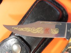 J A Henckels Lg 5" Folding Hunter (HK19-S) with Great Stag Handles & Gold Scroll Blade Etch +Sheath J A Henckels Lg 5" Folding Hunter (HK19-S) with Great Stag Handles & Gold Scroll Blade Etch +Sheath