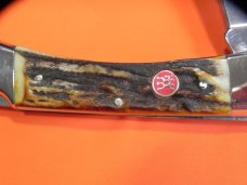 J A Henckels Lg 5" Folding Hunter (HK19-S) with Great Stag Handles & Gold Scroll Blade Etch +Sheath J A Henckels Lg 5" Folding Hunter (HK19-S) with Great Stag Handles & Gold Scroll Blade Etch +Sheath