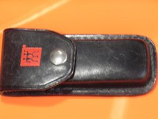 J A Henckels Lg 5" Folding Hunter (HK19-S) with Great Stag Handles & Gold Scroll Blade Etch +Sheath J A Henckels Lg 5" Folding Hunter (HK19-S) with Great Stag Handles & Gold Scroll Blade Etch +Sheath