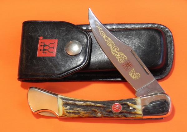 J A Henckels Lg 5" Folding Hunter (HK19-S) with Great Stag Handles & Gold Scroll Blade Etch +Sheath J A Henckels Lg 5" Folding Hunter (HK19-S) with Great Stag Handles & Gold Scroll Blade Etch +Sheath