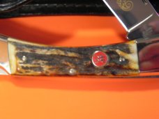 J A Henckels Lg 5" Folding Hunter (HK19-S) with Great Stag Handles & Gold Scroll Blade Etch +Sheath J A Henckels Lg 5" Folding Hunter (HK19-S) with Great Stag Handles & Gold Scroll Blade Etch +Sheath