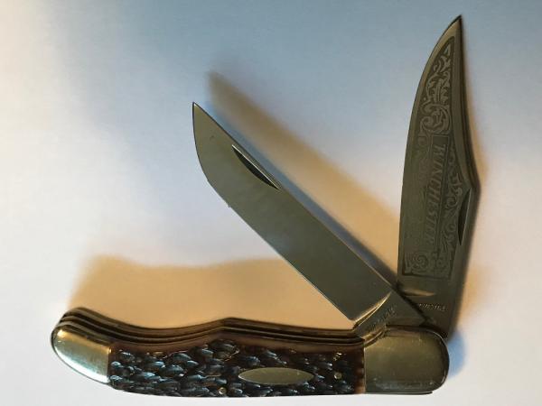 vintage 1970s WINCHESTER Solingen Germany etched blade folding hunter unused uncarried unsharpened vintage 1970s WINCHESTER Solingen Germany etched blade folding hunter unused uncarried unsharpened
