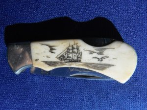 National Blade NJ USA Knife Little Humpback Engraved BLADE & SCRIMSHAW BONE Whaling Ship, JAPAN made