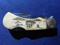 National Blade NJ USA Knife Little Humpback Engraved BLADE & SCRIMSHAW BONE Whaling Ship, JAPAN made National Blade NJ USA Knife Little Humpback Engraved BLADE & SCRIMSHAW BONE Whaling Ship, JAPAN made