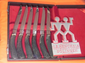 Vintage, J.A. Henckels Friodur -6 Steak Knife Set, Solingen Germany & Intimation Stag Handles -NOS!