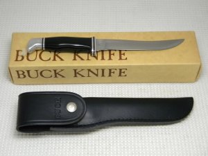 Buck 121 USA Black Fisherman Fixed Blade Hunting Sheath Knife in Box c.1970's