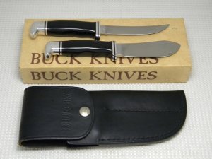 Buck USA 104 Fixed Blade Hunting Sheath Knife Twin Set in Box 102 Woodsman & 103 Skinner c.1970's