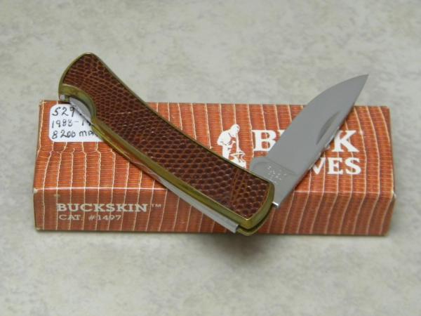 Buck 529L1 USA BuckSkin Peanut Brittle Lizard Skin Folding Lockback Knife in Box c.1988-1991