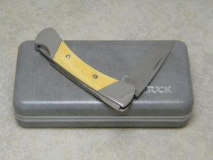 Buck USA Model # 506 White Knight Ivory Micarta Lockback Knife & Velvet Pouch in Box Pre 1986