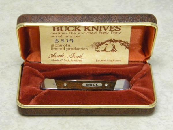 Buck Pony 705 USA Aurum Etch Wood 2 Blade Folding Pocket Knife in Box Pre-1986