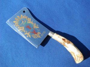 VINTAGE CLEAVER KLA-TRA-SO, Carved Antler Handle, with wild boar, Solingen Germany, Stainless