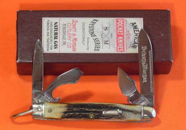 Schatt & Morgan Scout/Utility/Camp Knife w/ Nice Stag Handles & Blade Etch -NOS