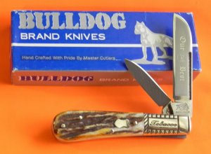 Vintage Bulldog Brand HAND MADE, 2 Blade "Our Best" Tobacco Barlow w/ Fantastic Deer Stag Handles