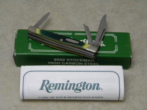 Remington Made in USA 9502 Green Saw Cut Delrin Stockman Knife in Box c.1995 Remington Made in USA 9502 Green Saw Cut Delrin Stockman Knife in Box c.1995