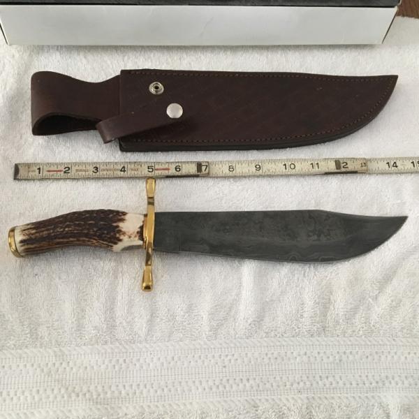 Big Marbles Damascus Bowie w/ thick Stag Handle and custom leather sheath Big Marbles Damascus Bowie w/ thick Stag Handle and custom leather sheath