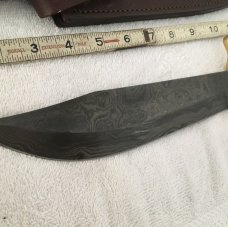 Big Marbles Damascus Bowie w/ thick Stag Handle and custom leather sheath Big Marbles Damascus Bowie w/ thick Stag Handle and custom leather sheath