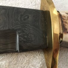 Big Marbles Damascus Bowie w/ thick Stag Handle and custom leather sheath Big Marbles Damascus Bowie w/ thick Stag Handle and custom leather sheath