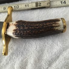 Big Marbles Damascus Bowie w/ thick Stag Handle and custom leather sheath Big Marbles Damascus Bowie w/ thick Stag Handle and custom leather sheath