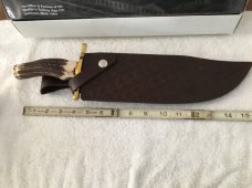 Big Marbles Damascus Bowie w/ thick Stag Handle and custom leather sheath Big Marbles Damascus Bowie w/ thick Stag Handle and custom leather sheath