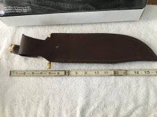 Big Marbles Damascus Bowie w/ thick Stag Handle and custom leather sheath Big Marbles Damascus Bowie w/ thick Stag Handle and custom leather sheath