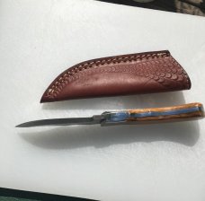 Fixed large clip Blade Damascus Hunter - Beautiful Olivewood hardwood handle & Leather Sheath Fixed large clip Blade Damascus Hunter - Beautiful Olivewood hardwood handle & Leather Sheath