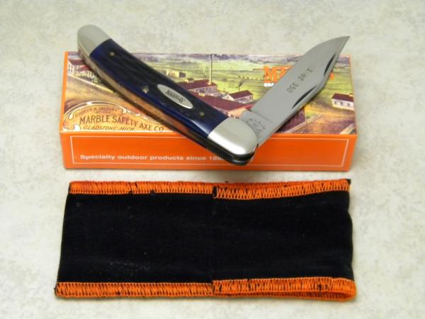 Marbles M.S.A. Co. 02 Gladstone, Mich USA Blue Jig Bone Linerlock Copperhead Knife in Box c.2002