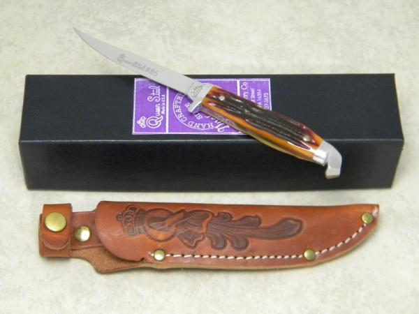 Queen Cut. Co. Titusville PA #85 Bone "Bird and Trout" Fixed Blade Sheath Knife in Box Queen Cut. Co. Titusville PA #85 Bone "Bird and Trout" Fixed Blade Sheath Knife in Box