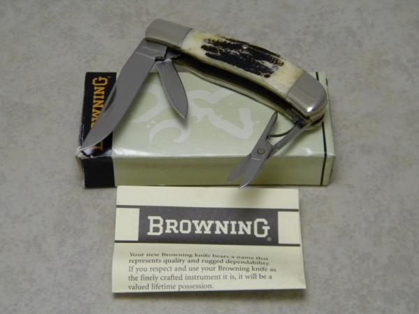 Browning Japan Model 531 Bone Stag Pocket Knife with Clip, Pen and Scissors in Box Browning Japan Model 531 Bone Stag Pocket Knife with Clip, Pen and Scissors in Box