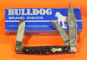 Older Bulldog Brand Stockman Pocket Knife w/ Great Red to Chestnut Handles & Frost Blade Etch