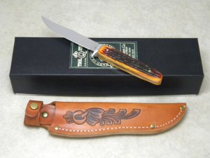 Queen Cut. Co. Titusville PA #73 Bone Bare Head Hunter Fixed Blade Sheath Knife in Box