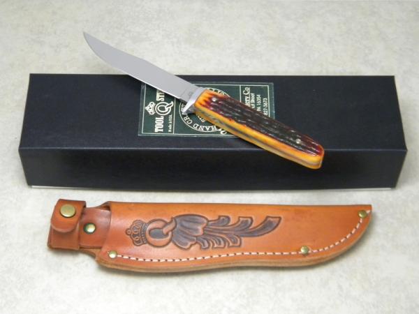 Queen Cut. Co. Titusville PA #73 Bone Bare Head Hunter Fixed Blade Sheath Knife in Box Queen Cut. Co. Titusville PA #73 Bone Bare Head Hunter Fixed Blade Sheath Knife in Box