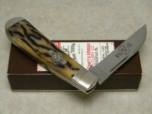 Schatt & Morgan Cutlery Co. Titusville PA Bone 041001 Wharncliffe Swayback Clasp Knife in Box c.2010