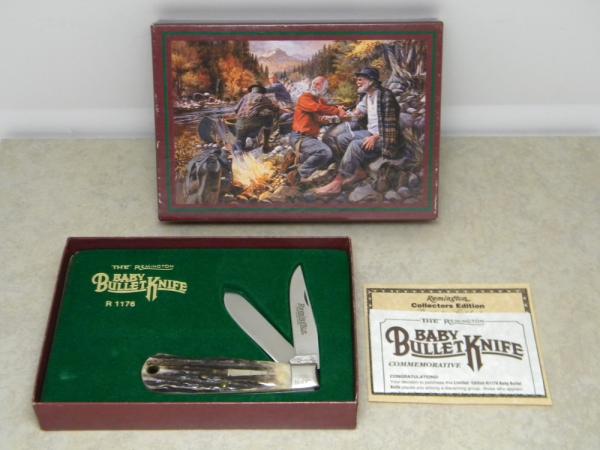 Remington Bullet 1994 R1176 Genuine Stag Baby Bullet Trapper Knife in Box Remington Bullet 1994 R1176 Genuine Stag Baby Bullet Trapper Knife in Box