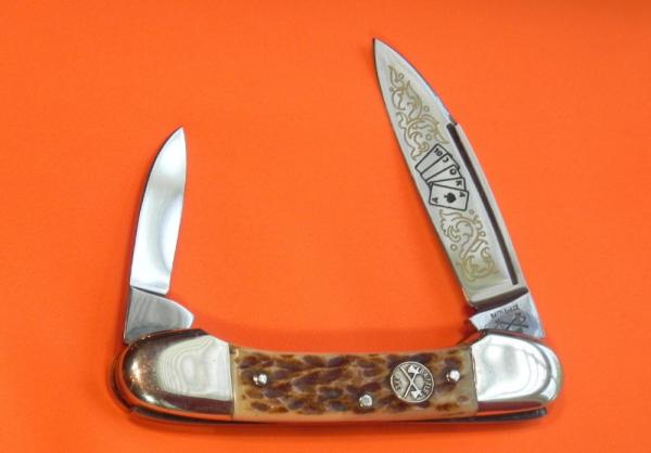 Battle Axe -Shouse & Hardin The Gambler Theme, 2 Blade Stag Handle ButterBean Knife +Blade Etching