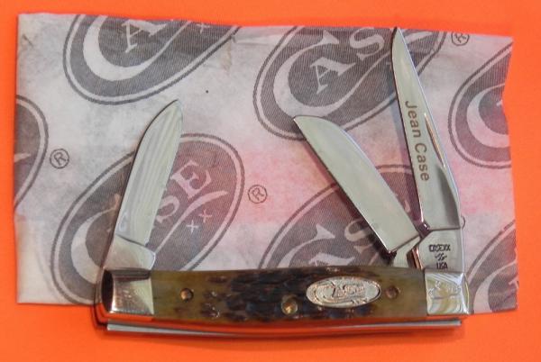 Case xx 1988 3 Blade Small Stockman (G63033 SS) Knife w/ Green Bone Handles +Jean Case Blade Etching