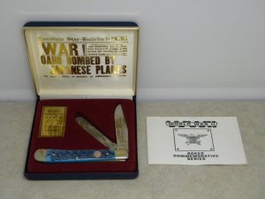 Boker Germany Blue Bone World War II Commemorative "Pearl Harbor" Trapper Knife in Box c.1992