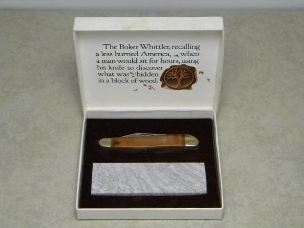 Boker Solingen Germany 1982 LTD. Wood "The Whittler" Sharpening Stone and Whittler Knife in Box Boker Solingen Germany 1982 LTD. Wood "The Whittler" Sharpening Stone and Whittler Knife in Box