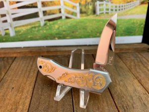 Moki Made Lakota Teal Brushed Stainless with Gold Engraved Handles.