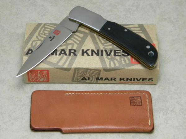 Al Mar AUS-8 FM Co Japan Micarta 1003-BM Falcon Classic Lockback Knife and Leather Pouch in Box