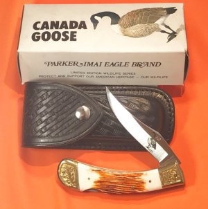 Vintage Parker IMAI K-541 Lockback Hunter Knife w Canada Goose Blade Etching -Orig Sheath & Box -NOS