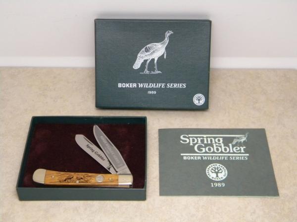 Boker Solingen Germany 1989 Wildlife Series "Spring Gobbler" American Oak Trapper Knife in Box Boker Solingen Germany 1989 Wildlife Series "Spring Gobbler" American Oak Trapper Knife in Box