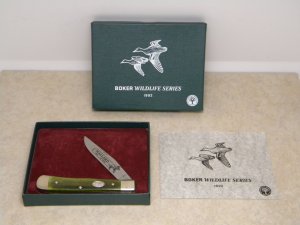 Boker Solingen Germany 1992 Wildlife Series "Mallard Duck" Green Bone 1 Blade Trapper Knife in Box