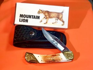 Vintage Parker IMAI K-139 Large Lockback Hunting Knife w/ Wildlife Mountain Lion Blade Etching - NOS