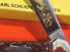 Carl Schlieper German Eye Brand Canoe w Antique Brown Bone Handles +Elk in the Wilderness Blade Etch