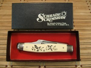 NOS SCHRADE SC-505 SCRIMSHAW USA WILDLIFE SERIES LARGE TRIPLE BLADE STOCKMAN FOLDING POCKET KNIFE