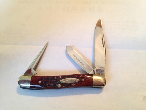 Case XX U.S.A. Bone 6318PU Punch Blade Stockman Knife seven dots red bone Case XX U.S.A. Bone 6318PU Punch Blade Stockman Knife seven dots red bone