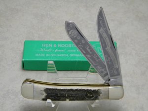 Hen and Rooster Bertram Cutlery Solingen Germany Stag 312-DS/CH Coon Hunter Trapper Knife in Box
